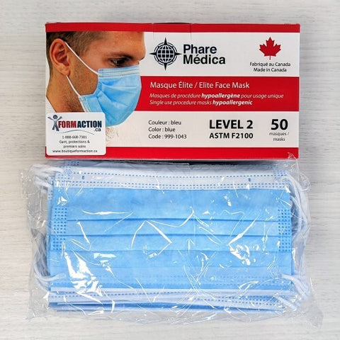 Masque de Procédure médical ASTM F2100 Niveau 2 Adulte Fabriqué  au Canada  (50)